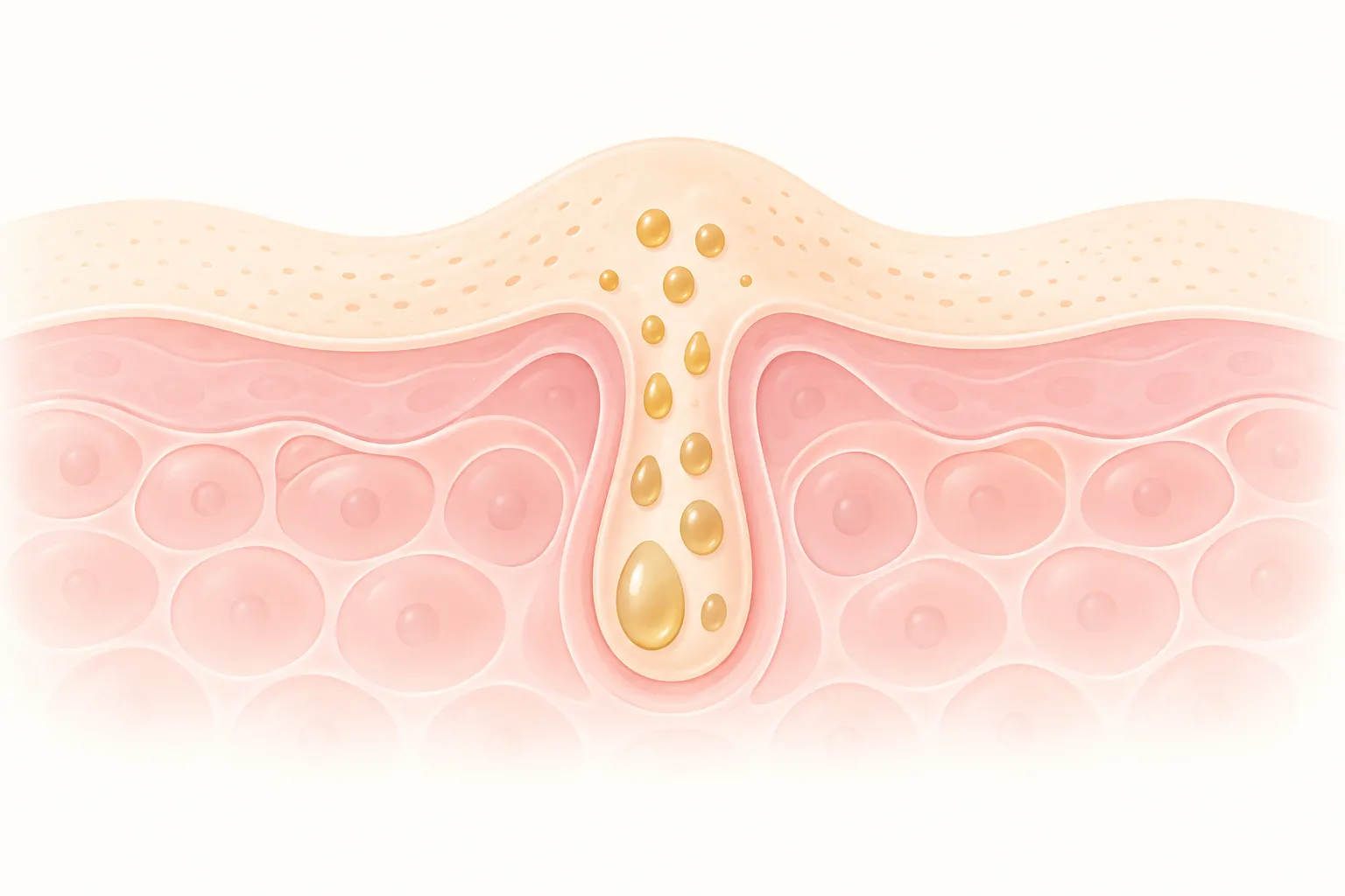 Soft peach illustration of layered skin with a central pore and golden droplets.