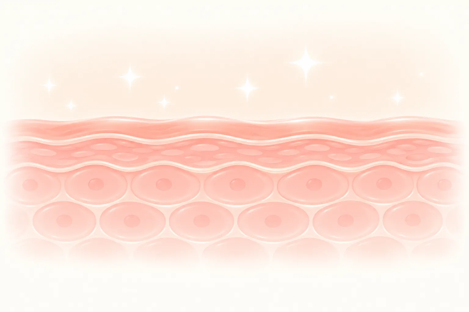 Soft peach illustration of smooth skin layers with small white glints above the surface.