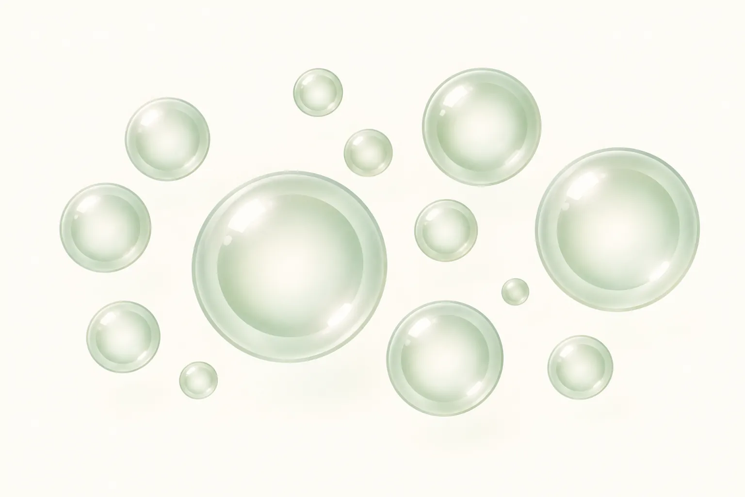 Translucent sage spheres of varied sizes on a warm ivory background.